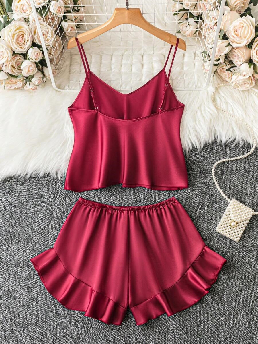 g&g solid Burgundy cami top & ruffle hem shorts