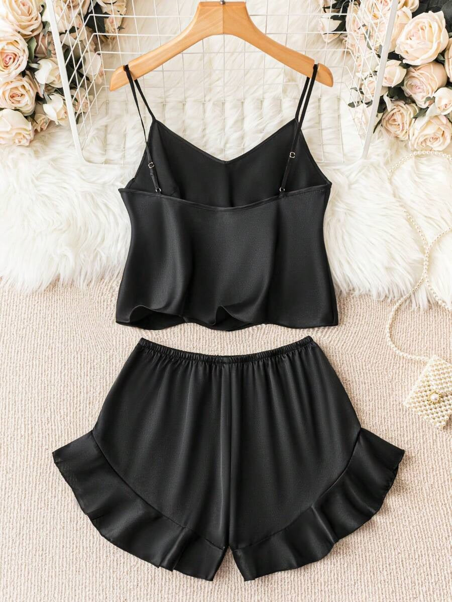 g&g solid Black cami top & ruffle hem shorts
