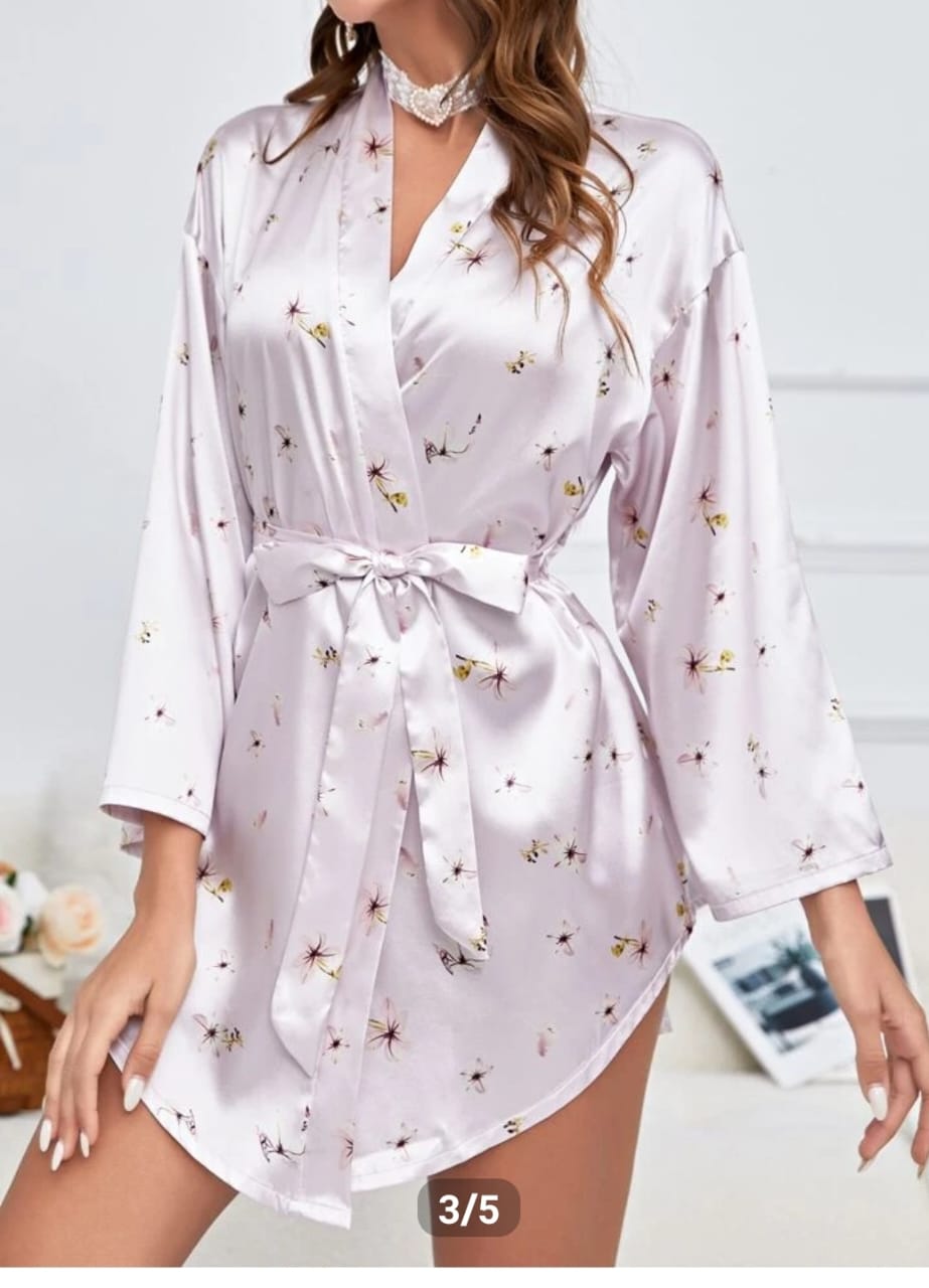 g&g Pure Bliss Robe Printed Silk Satin Floral Print With Belted Satin Robe
