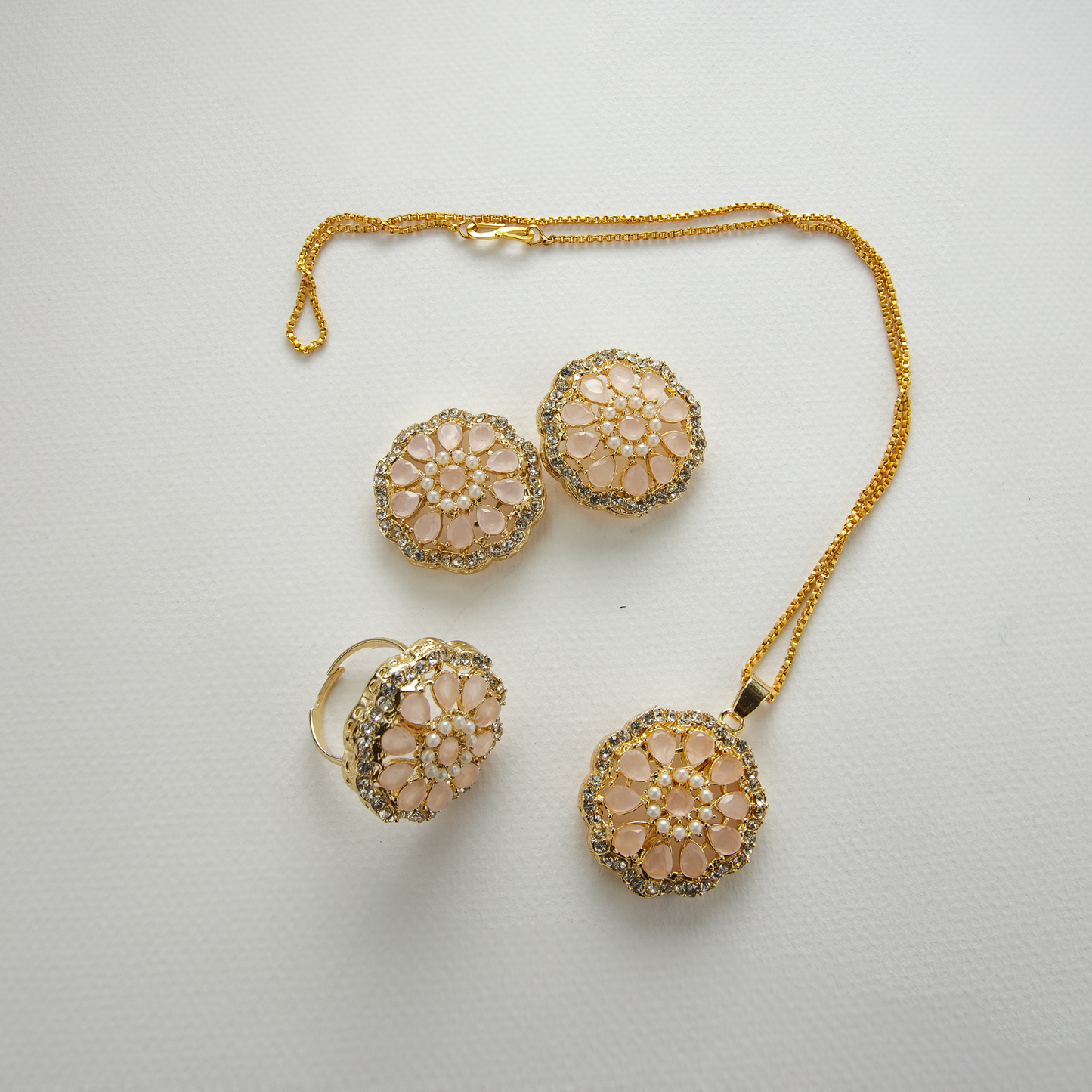 Better Than Flowers Set (Ring Necklace Earrings) Pink & Gold