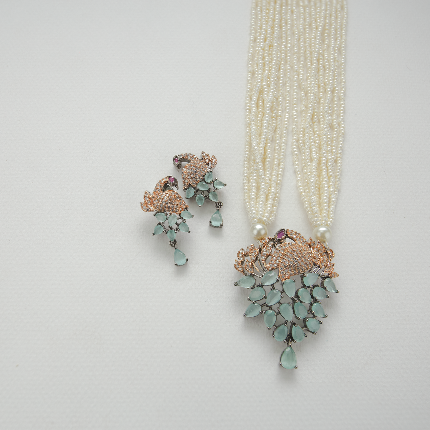 Elegant Peacock Earring And Necklace Set Pearl Strings (Teal)