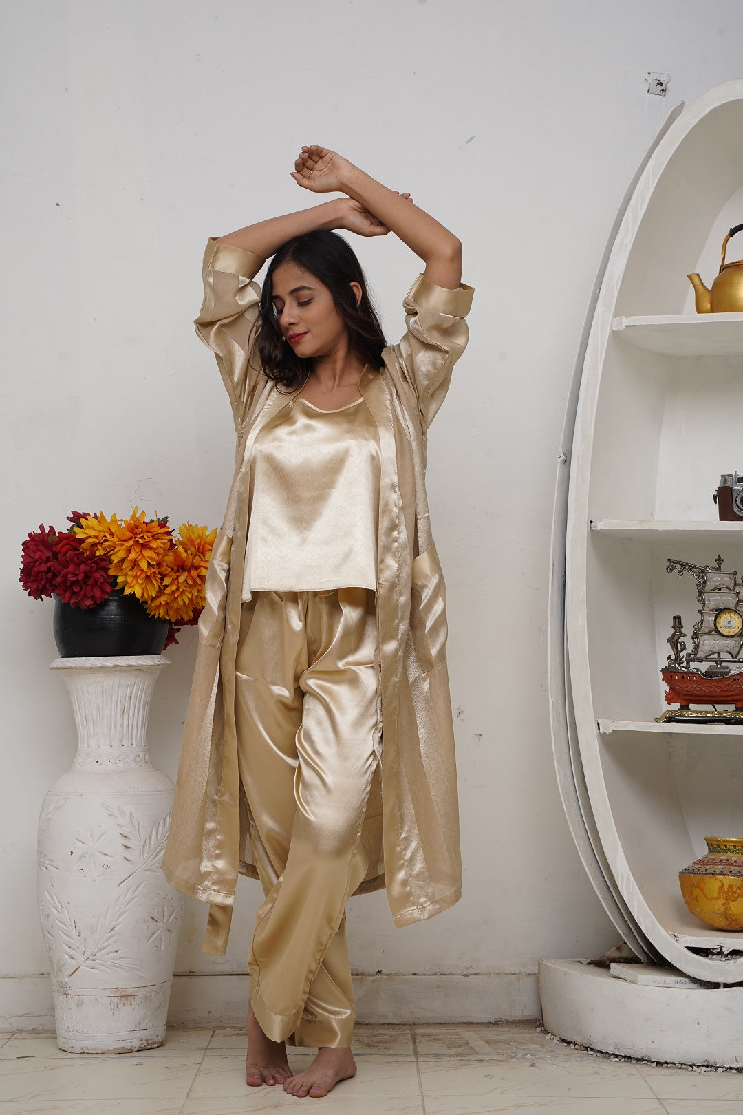 Beige Stripped Kimono Robe with Cami & Pajama