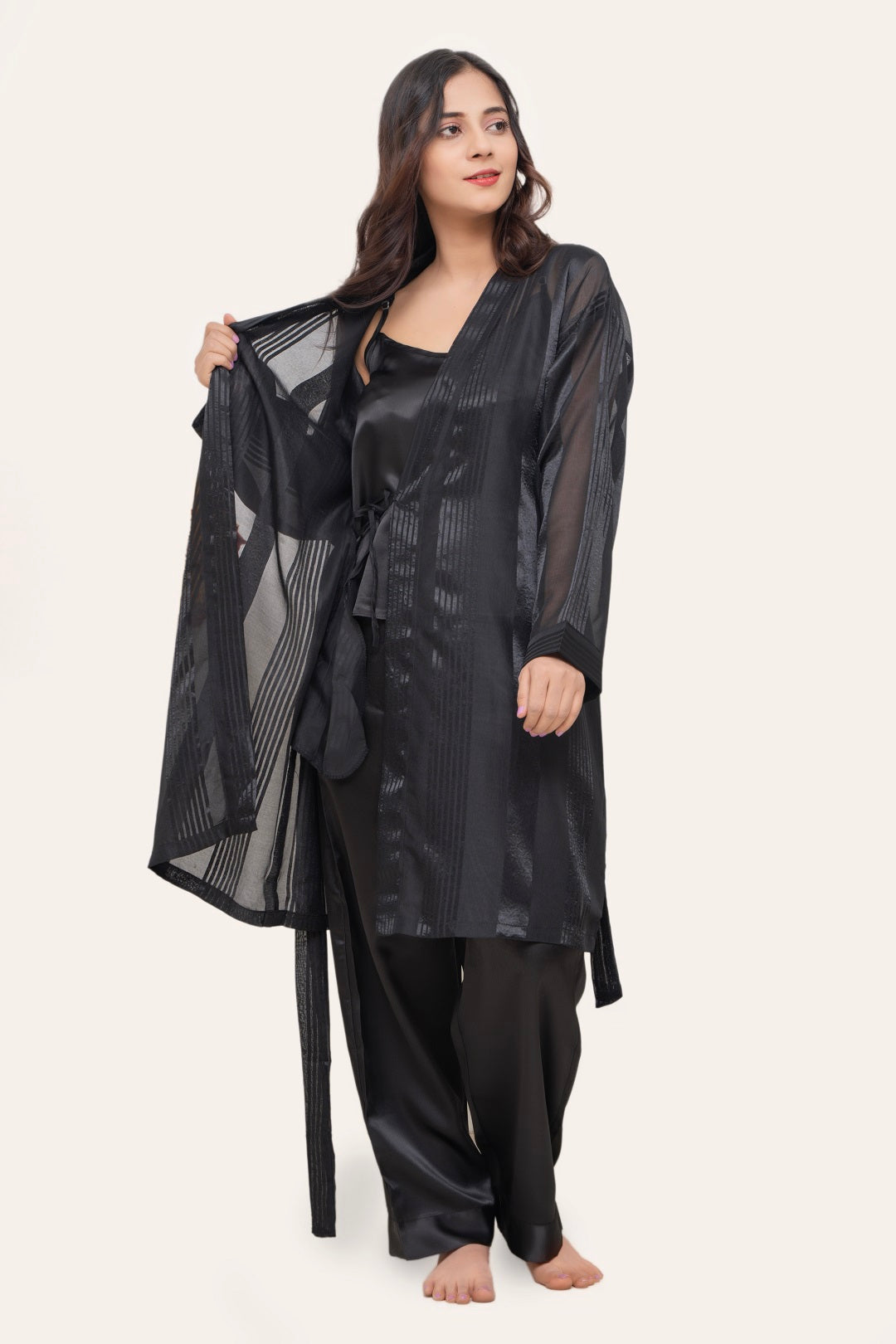 Black Kimono Robe with Cami & Pajama