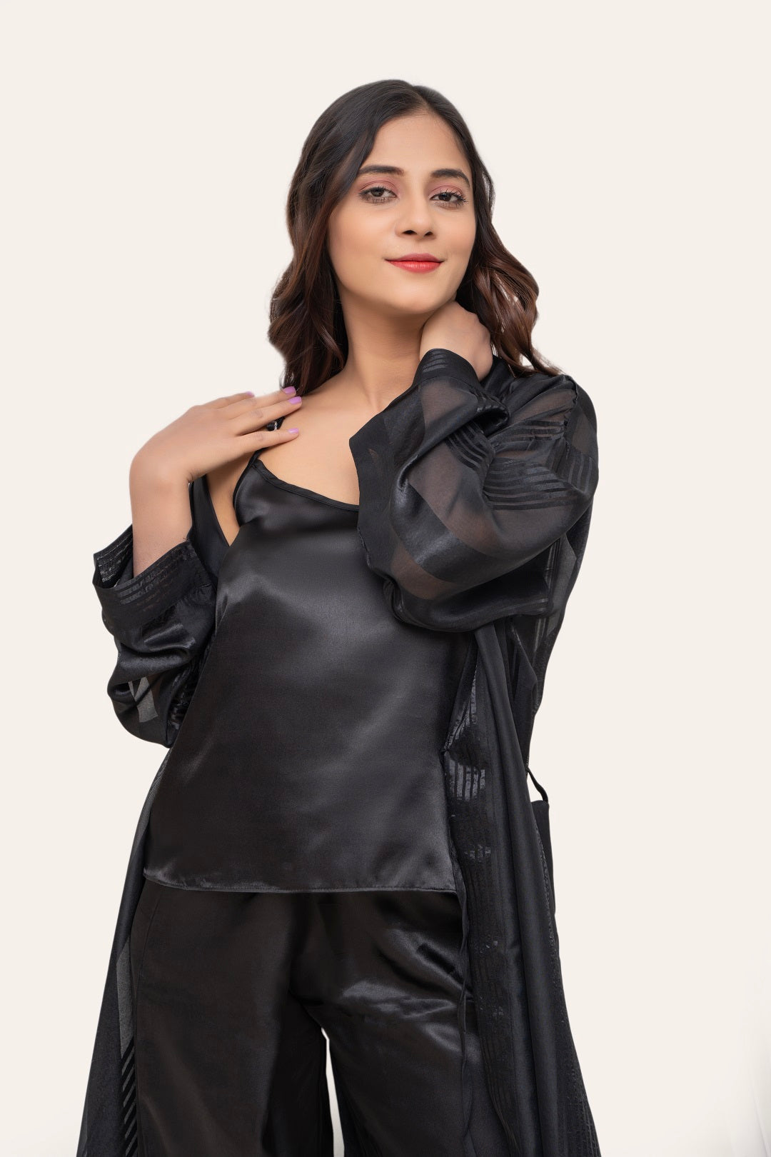 Black Kimono Robe with Cami & Pajama