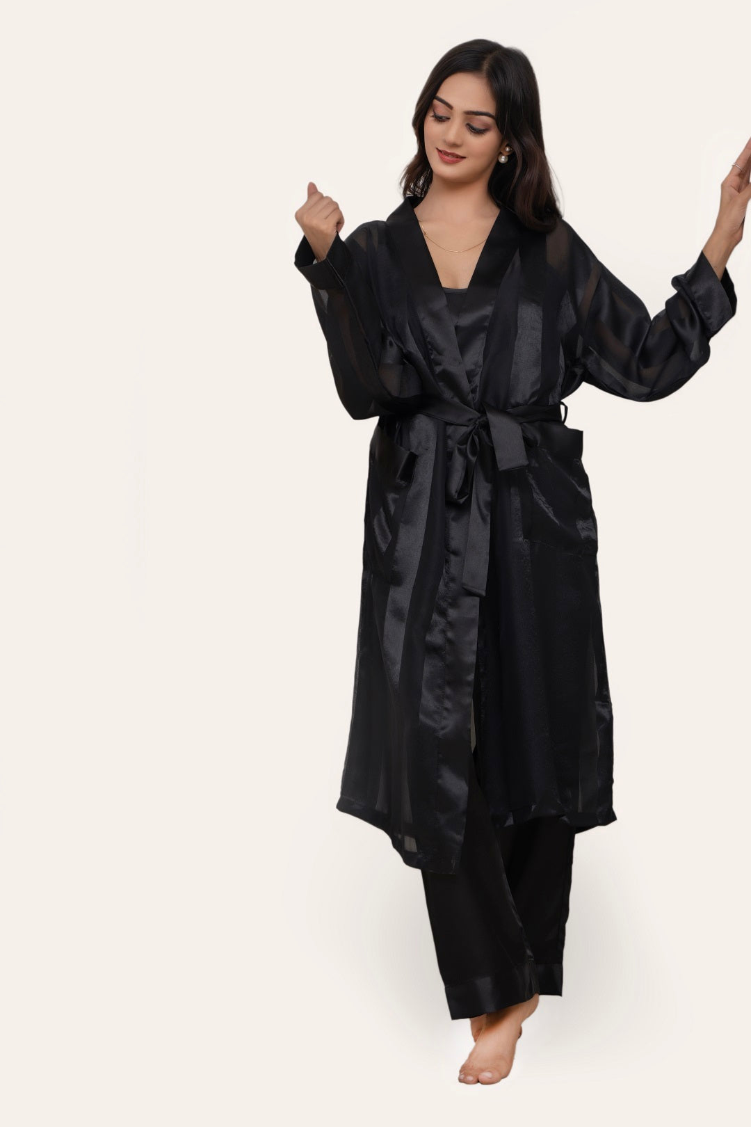 Black Striped Kimono Robe with Cami & Pajama