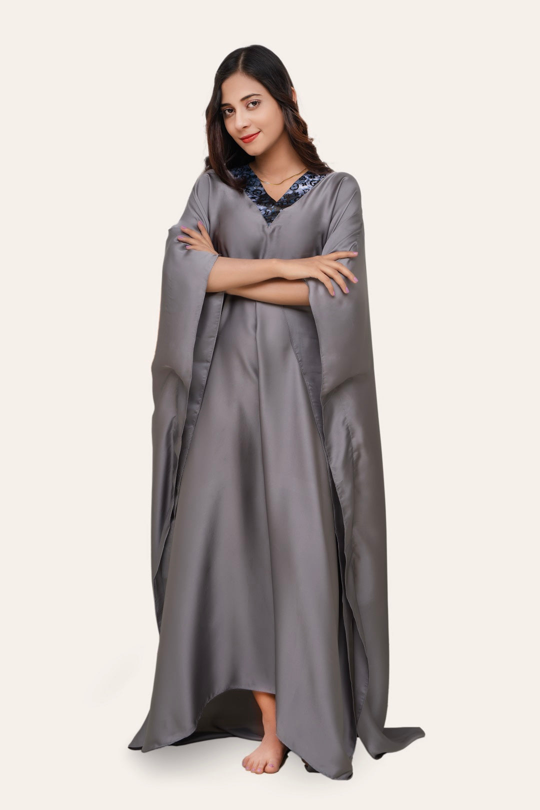 Grey Butter Cream Charmeuse Kaftan