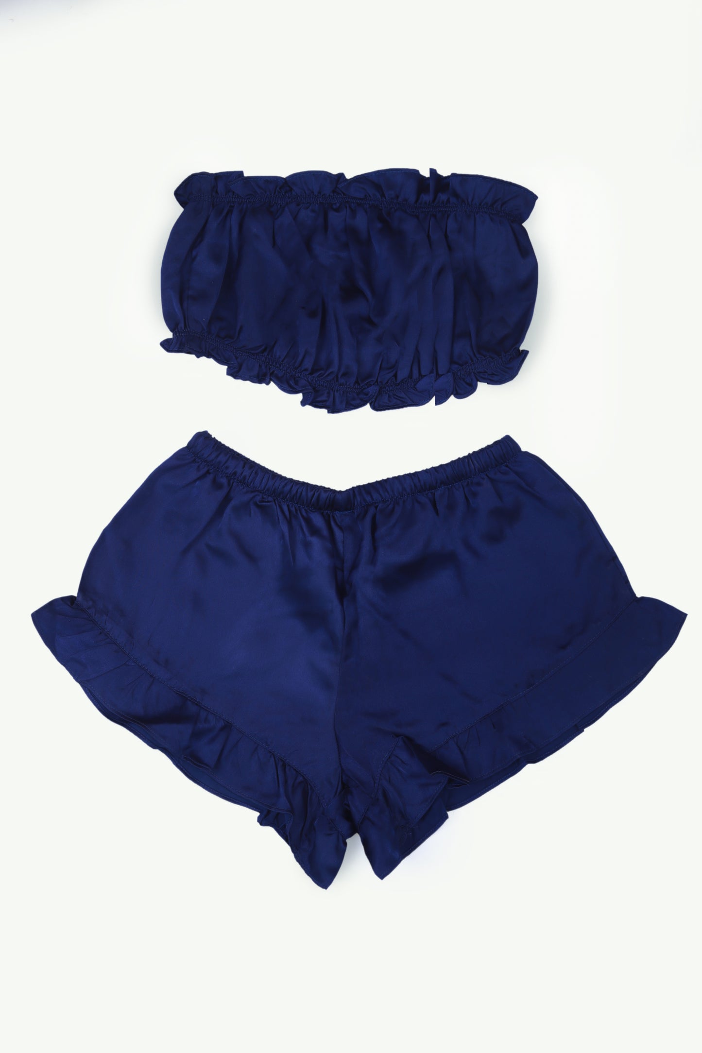 Royal Blue Satin Striped Frill-Trim Tube Top And Shorts