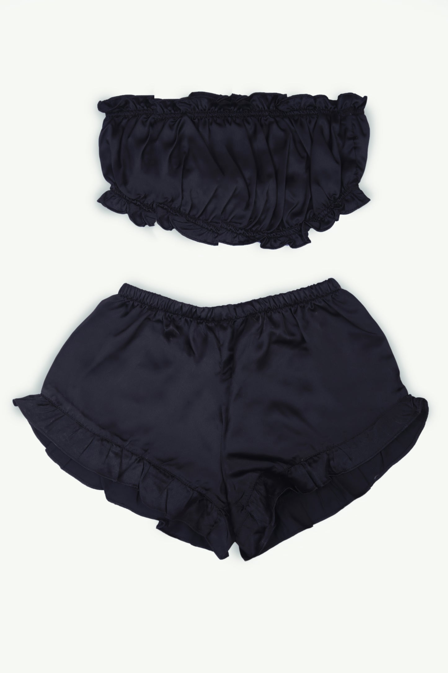 Black Satin Striped Frill-Trim Tube Top And Shorts