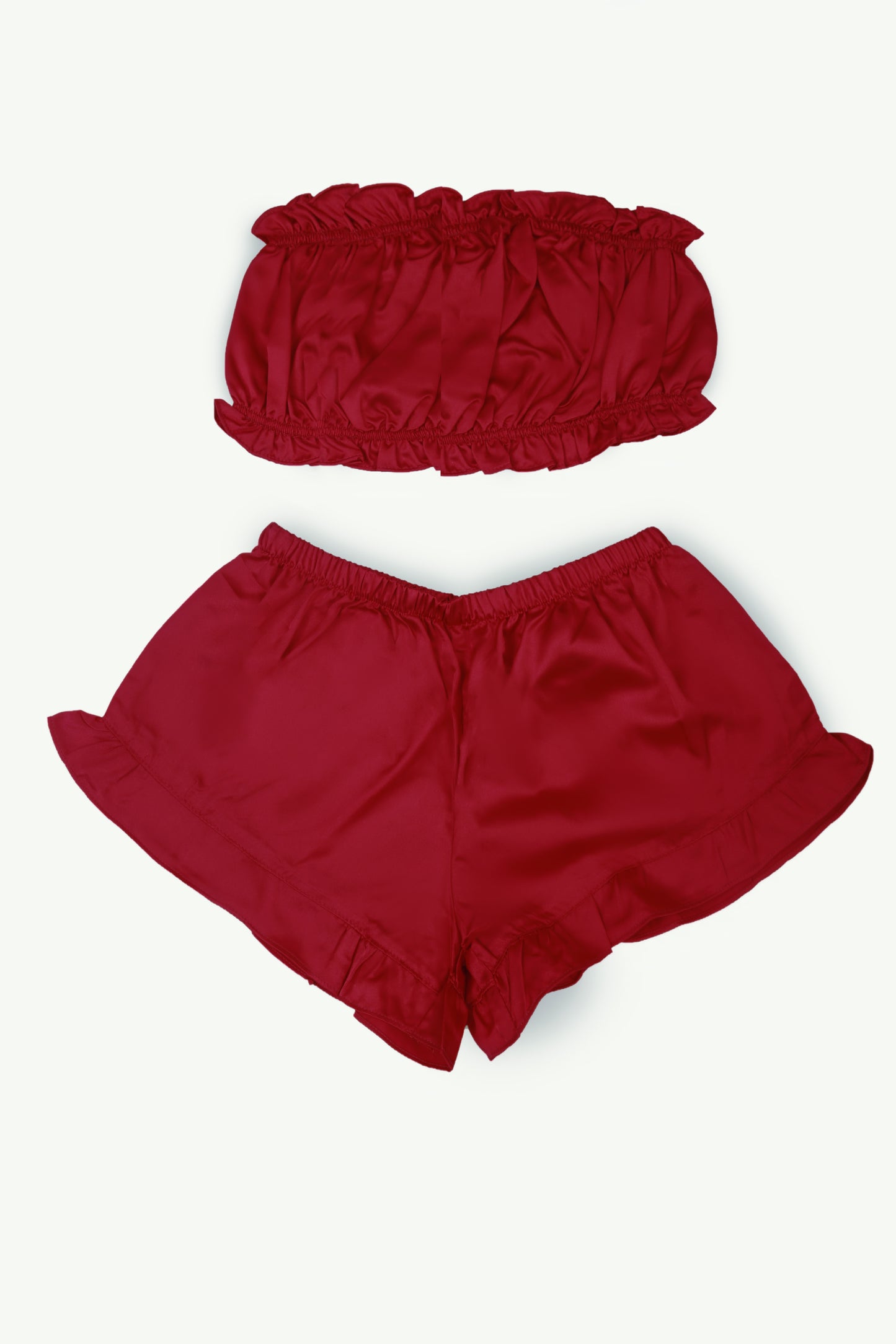 Burgundy Satin Striped Frill-Trim Tube Top And Shorts