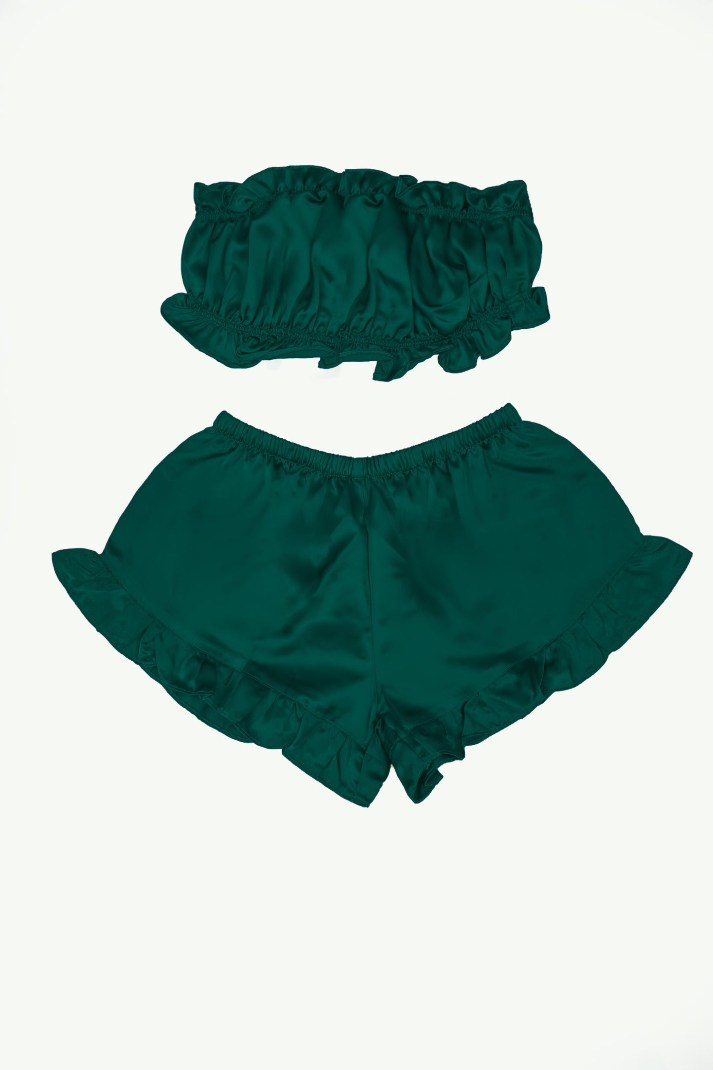 Green Satin Striped Frill-Trim Tube Top And Shorts