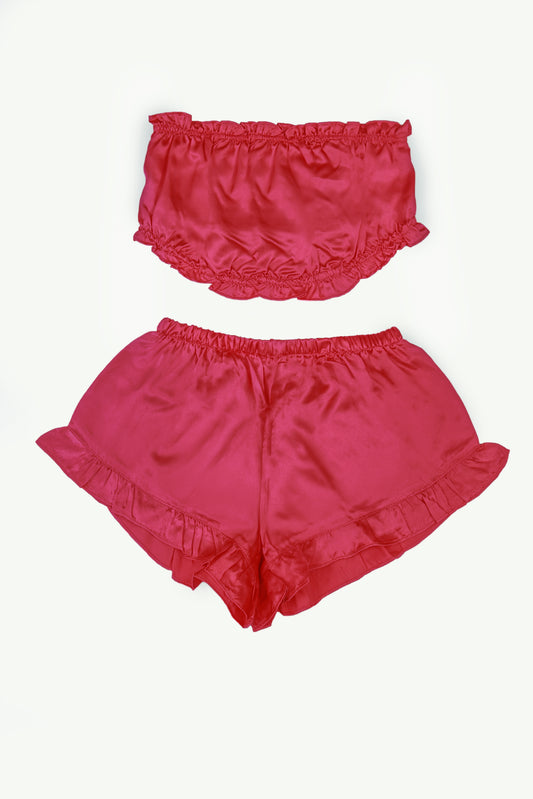 Red Satin Striped Frill-Trim Tube Top And Shorts