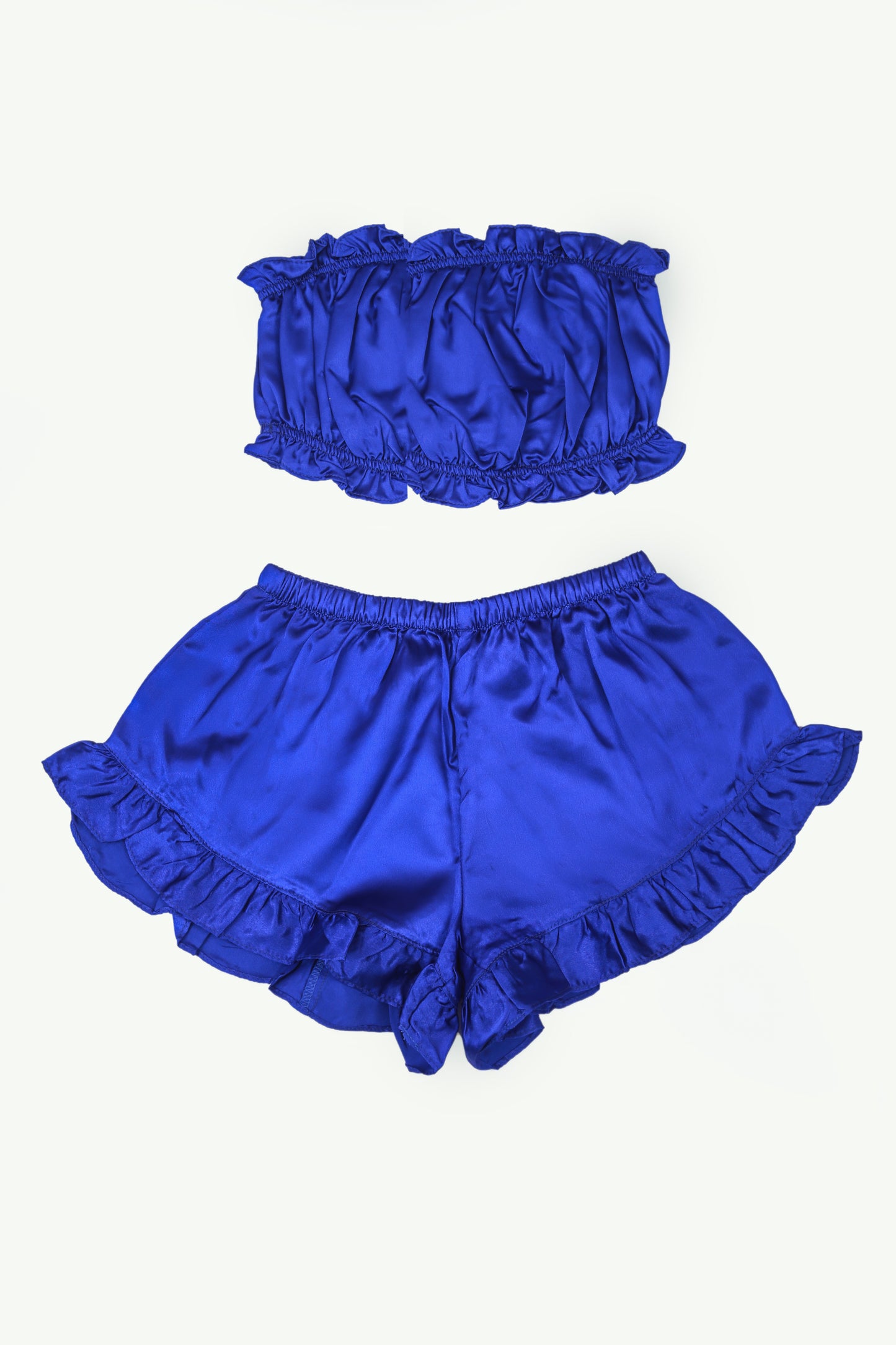 Blue Satin Striped Frill-Trim Tube Top And Shorts