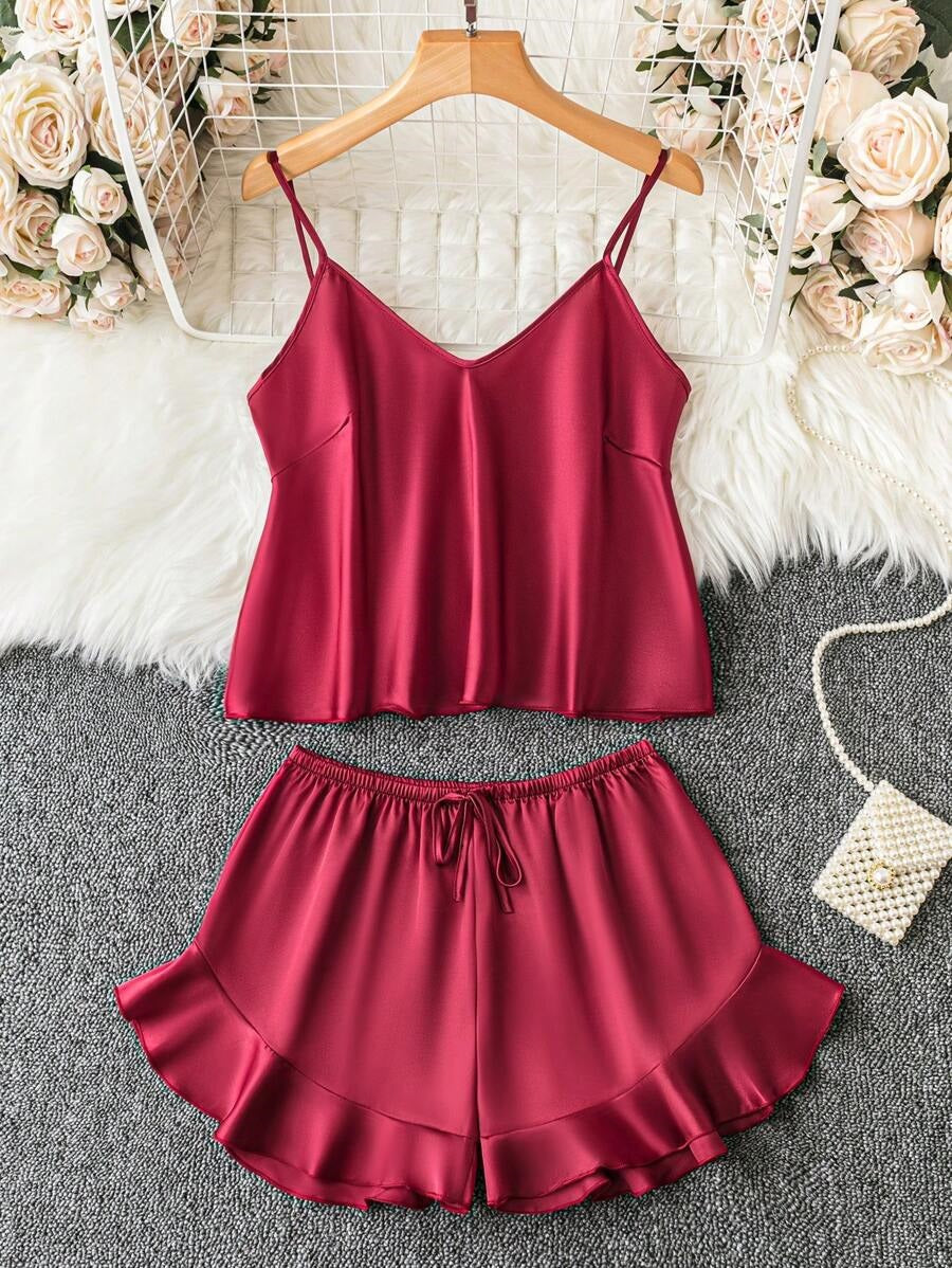 g&g solid Burgundy cami top & ruffle hem shorts