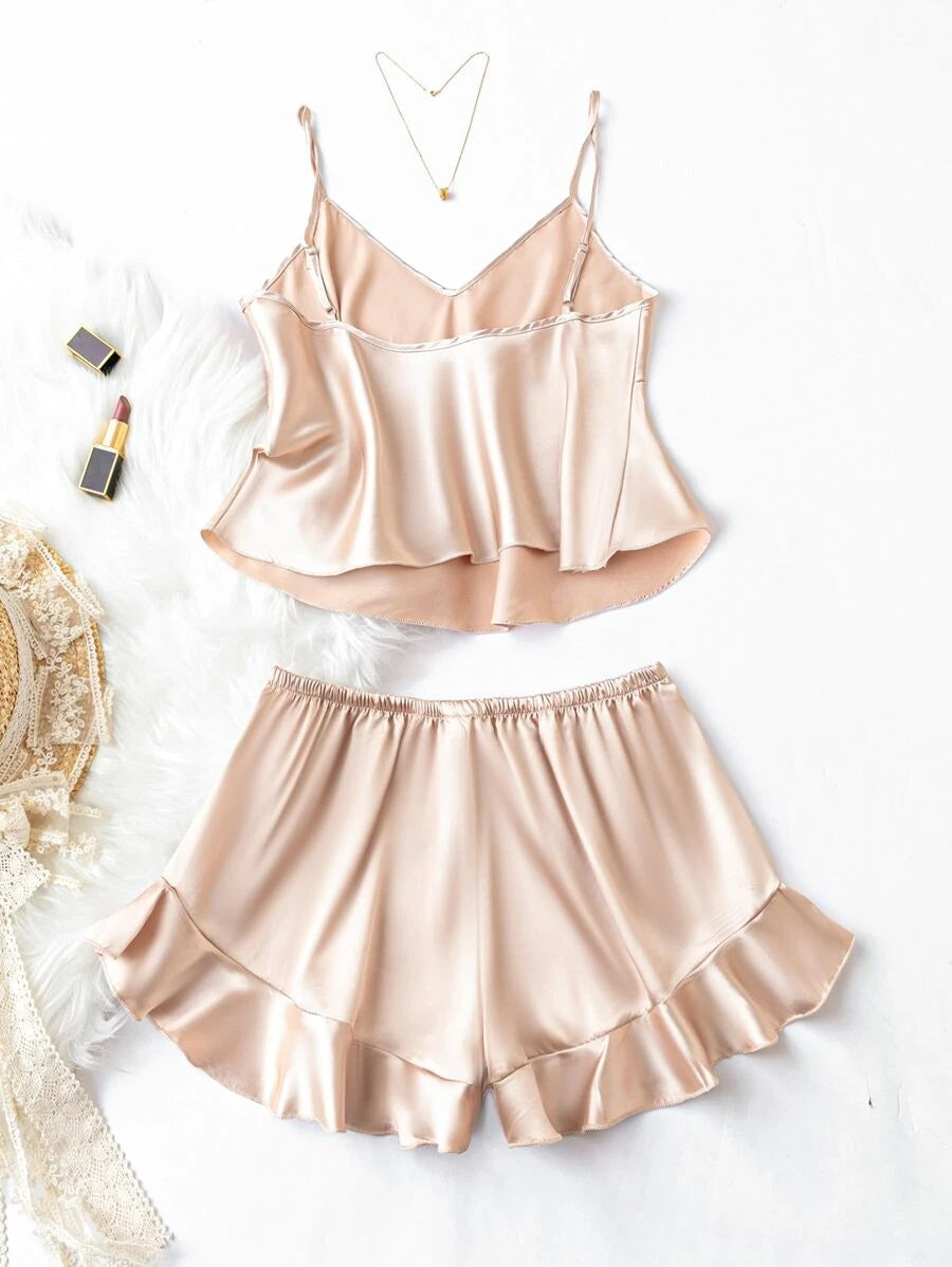 g&g solid Beige cami top & ruffle hem shorts