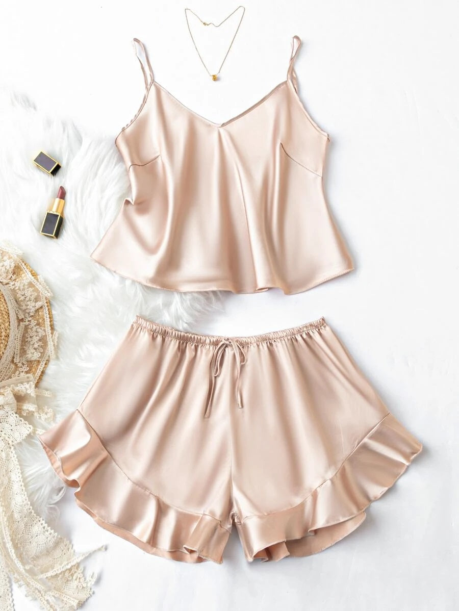 g&g solid Beige cami top & ruffle hem shorts