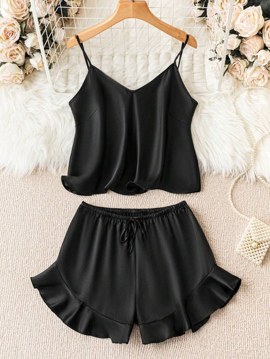 g&g solid Black cami top & ruffle hem shorts