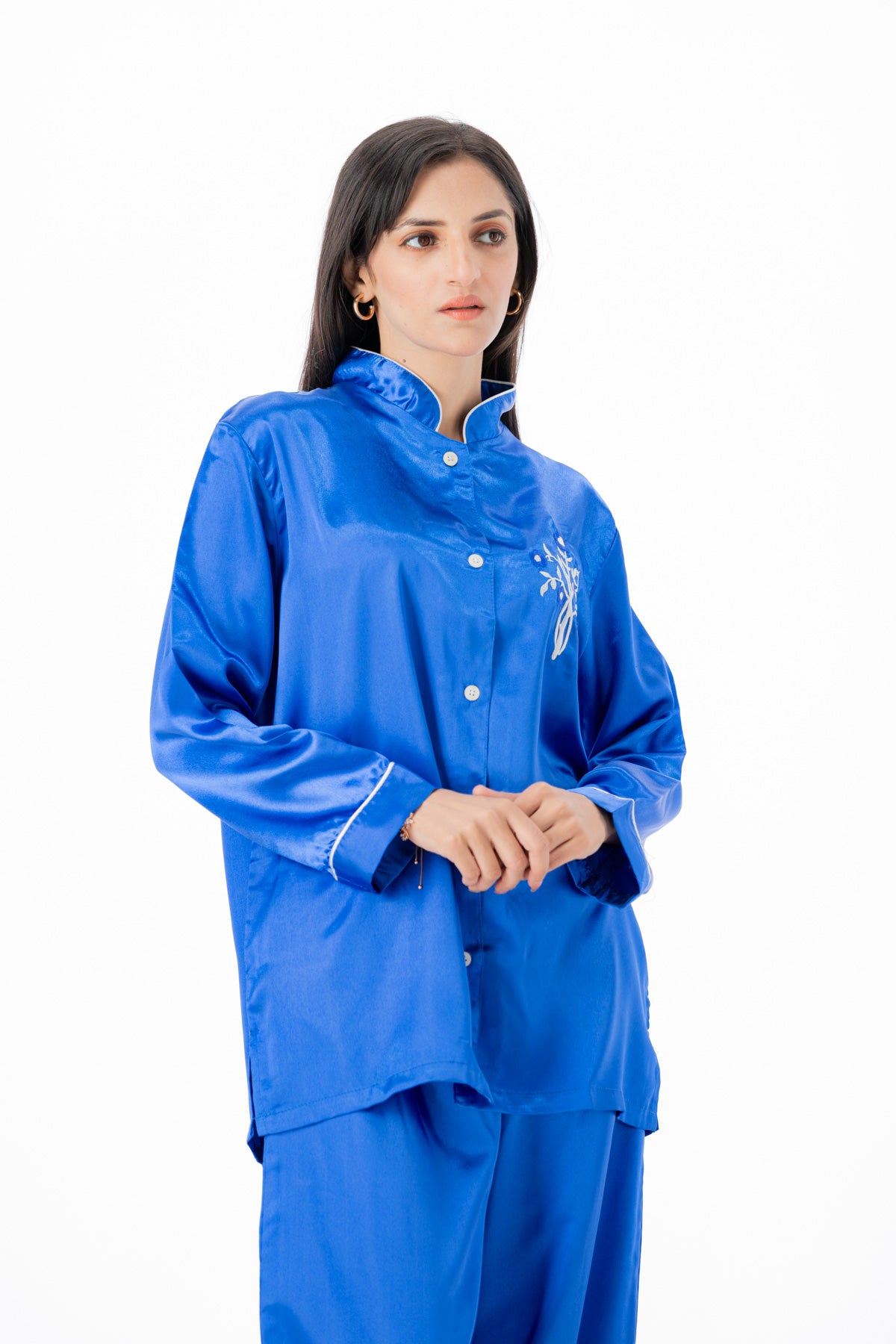 g&g Chill & Dream Blue Silky Satin Pajama set Night Drees For Girls
