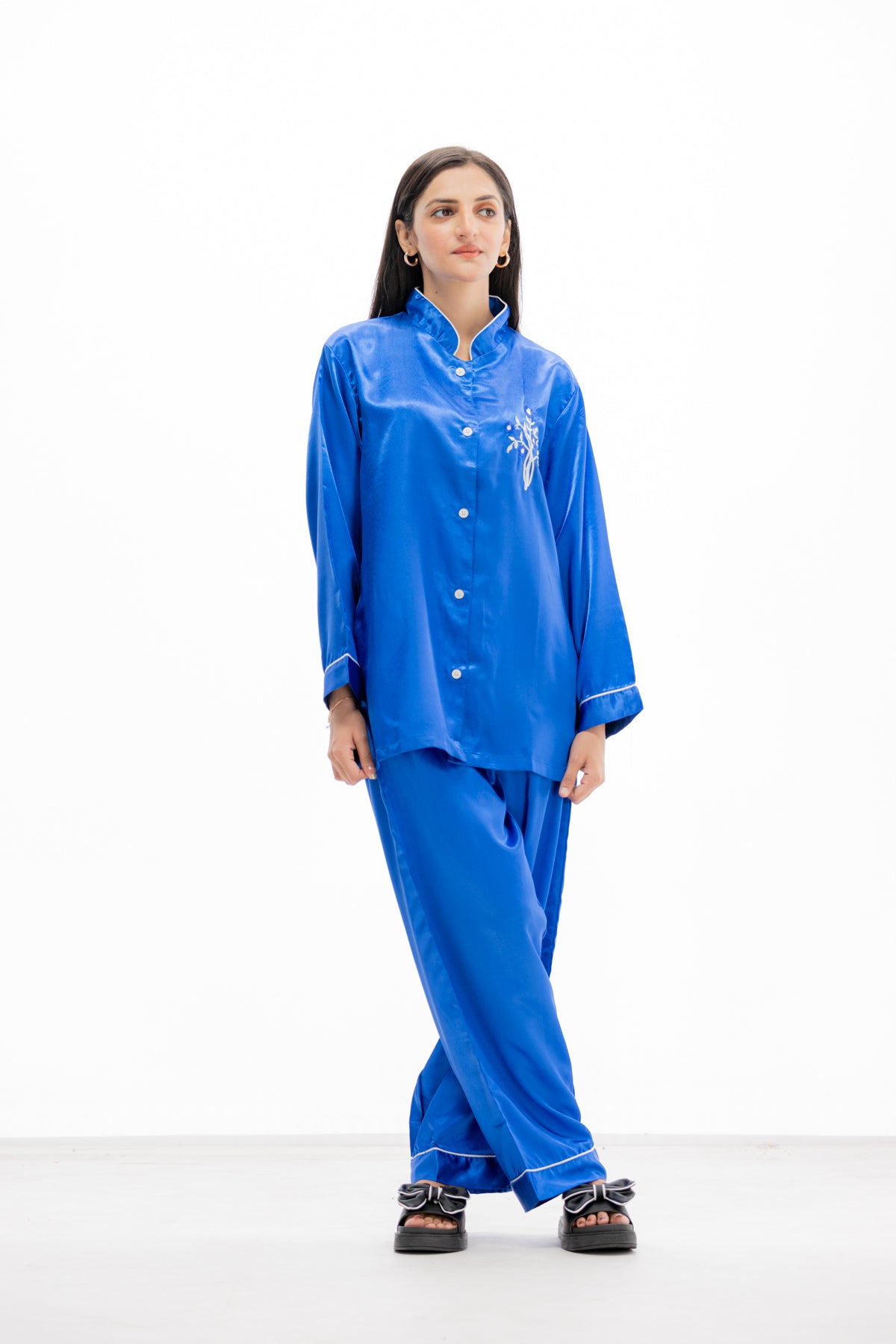 g&g Chill & Dream Blue Silky Satin Pajama set Night Drees For Girls