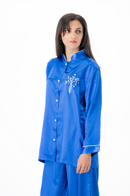 g&g Chill & Dream Blue Silky Satin Pajama set Night Drees For Girls