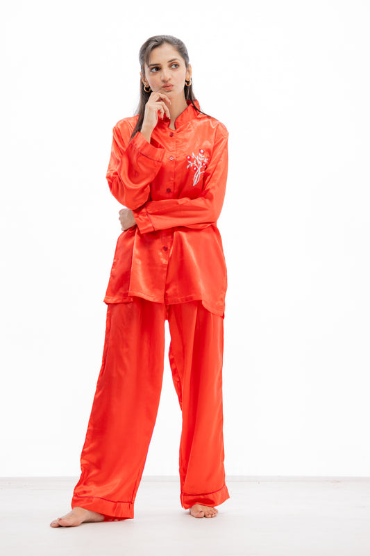 g&g Lazy Luxe Red Silky Satin Pajama set Night Drees For Girls