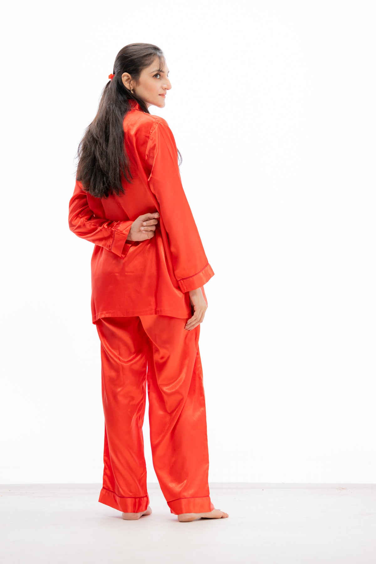 g&g Lazy Luxe Red Silky Satin Pajama set Night Drees For Girls
