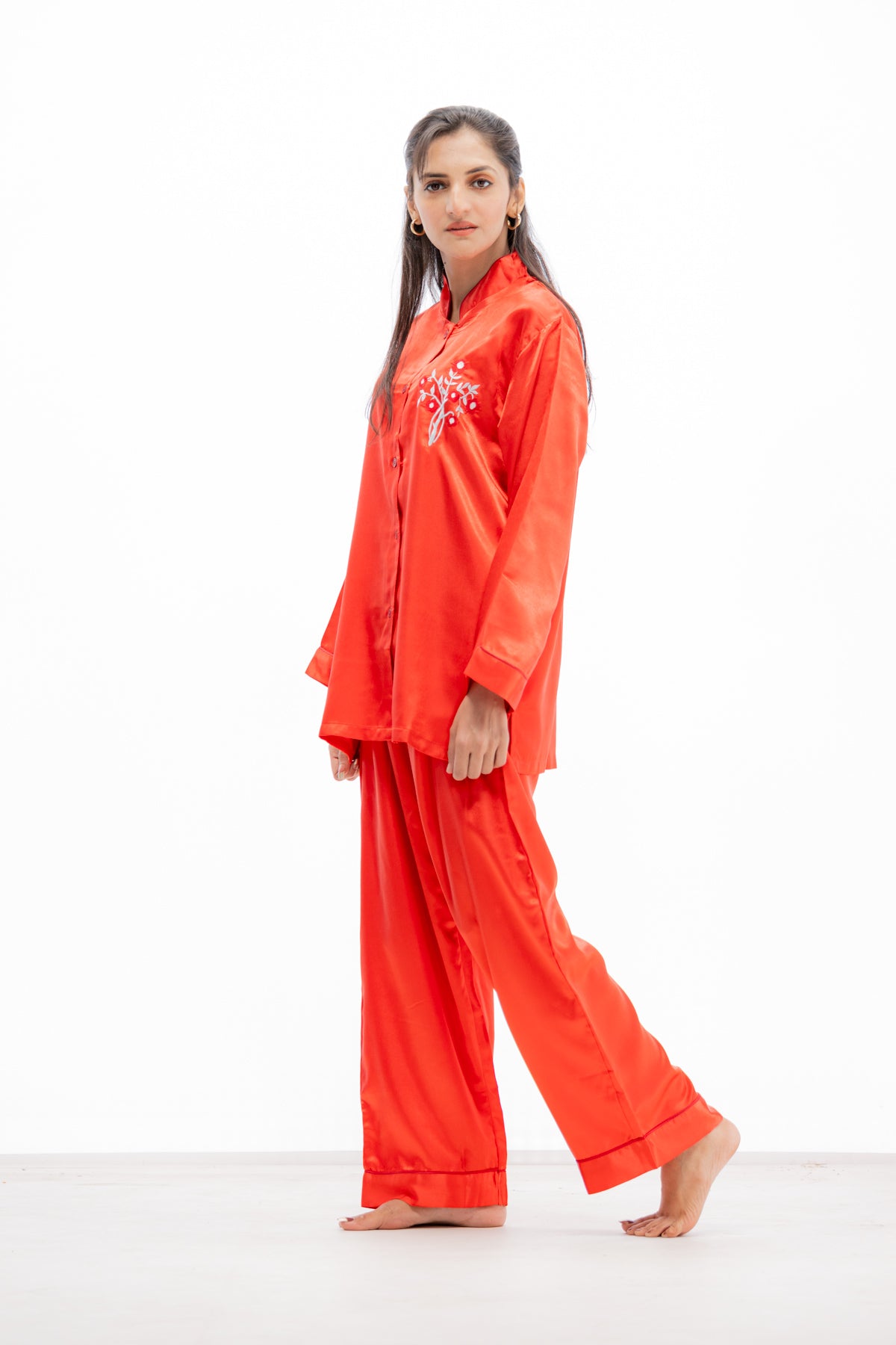 g&g Lazy Luxe Red Silky Satin Pajama set Night Drees For Girls