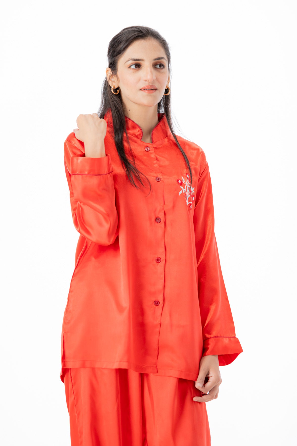 g&g Lazy Luxe Red Silky Satin Pajama set Night Drees For Girls