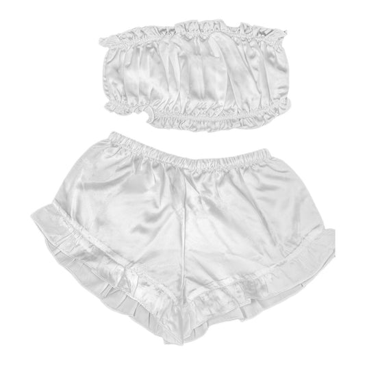 White Satin Striped Frill-Trim Tube Top And Shorts