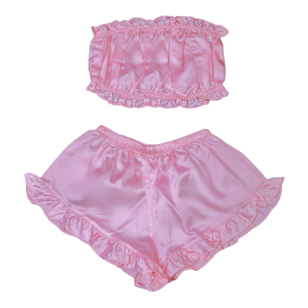 Pink Satin Striped Frill-Trim Tube Top And Shorts