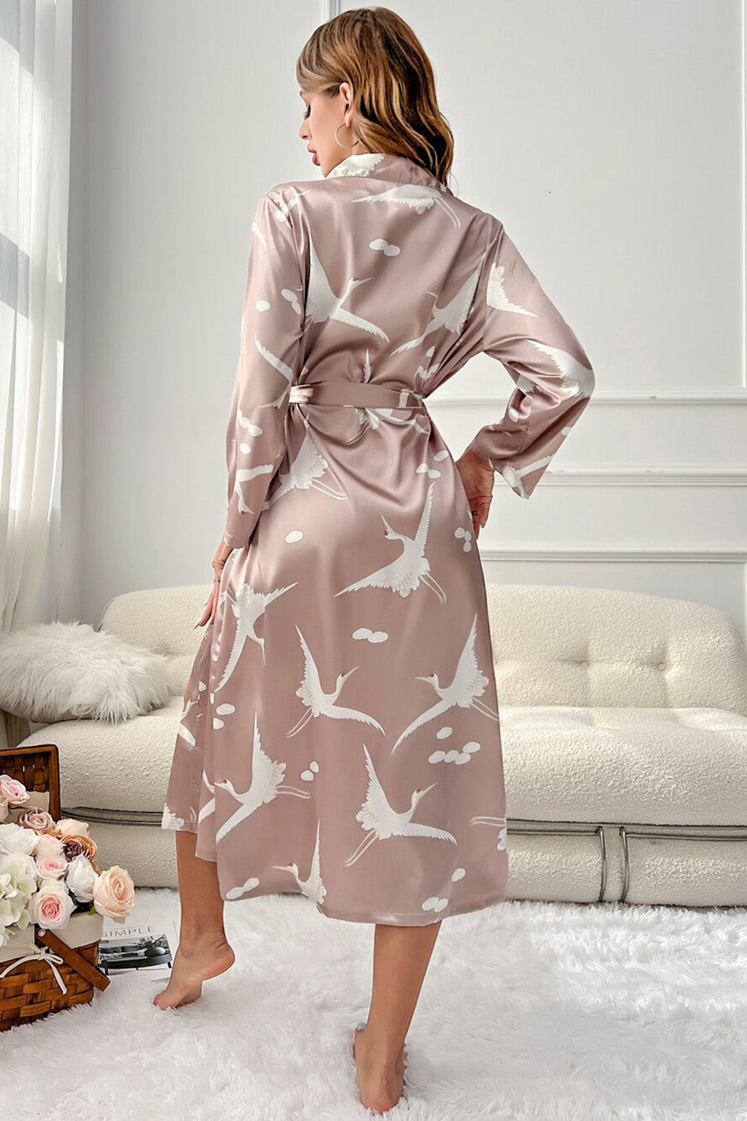 g&g Classic Comfort Robe Printed Silk Satin Bird Print Drop Shoulder Belted Satin Robe