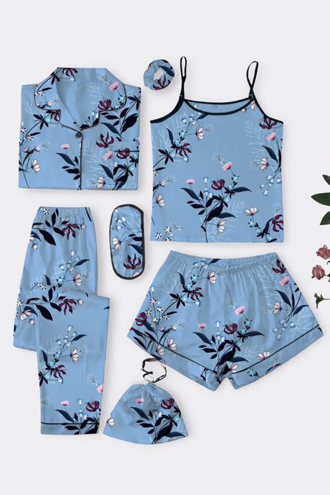She's Inn Blissful Silky Satin Night Dress For Women and Girls 7 Piece Night Wear- Silky Satin Womens Pajama Sets Button Down Sleepwear Loungewear - Night Dress Nighty with Shirt and Trouser by Mid Night Vibes