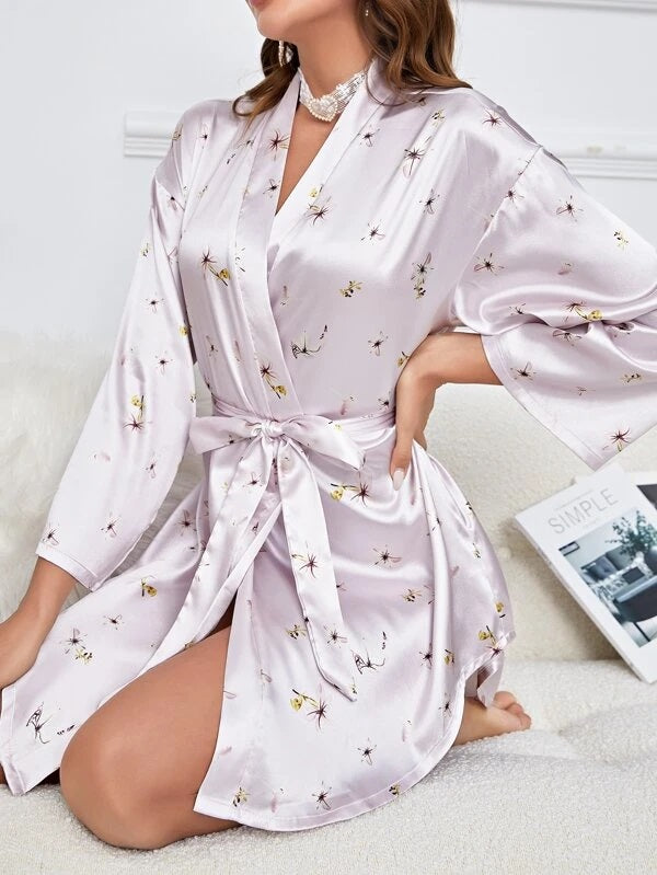 g&g Pure Bliss Robe Printed Silk Satin Floral Print With Belted Satin Robe