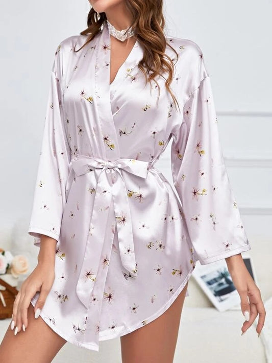 g&g Pure Bliss Robe Printed Silk Satin Floral Print With Belted Satin Robe