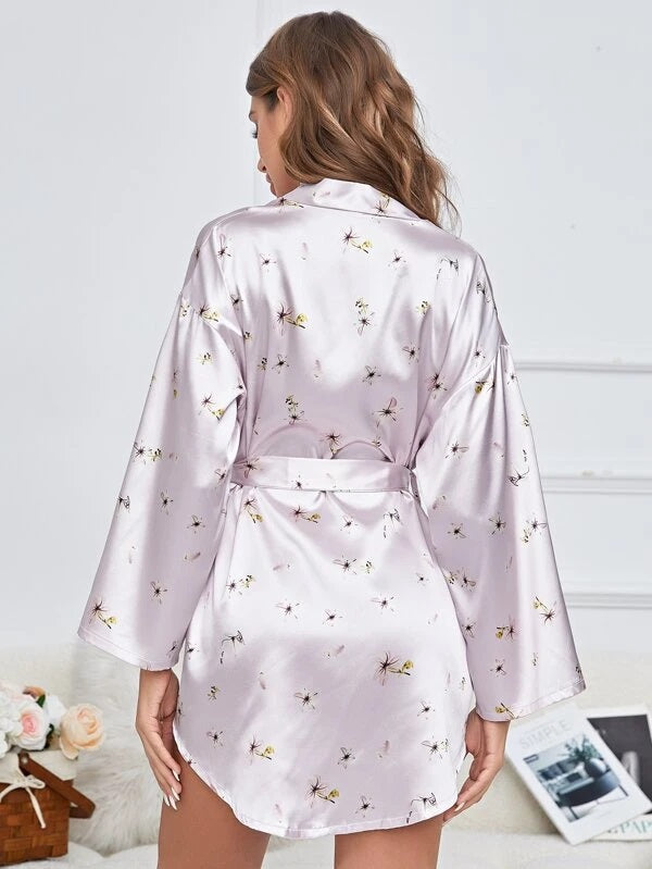 g&g Pure Bliss Robe Printed Silk Satin Floral Print With Belted Satin Robe