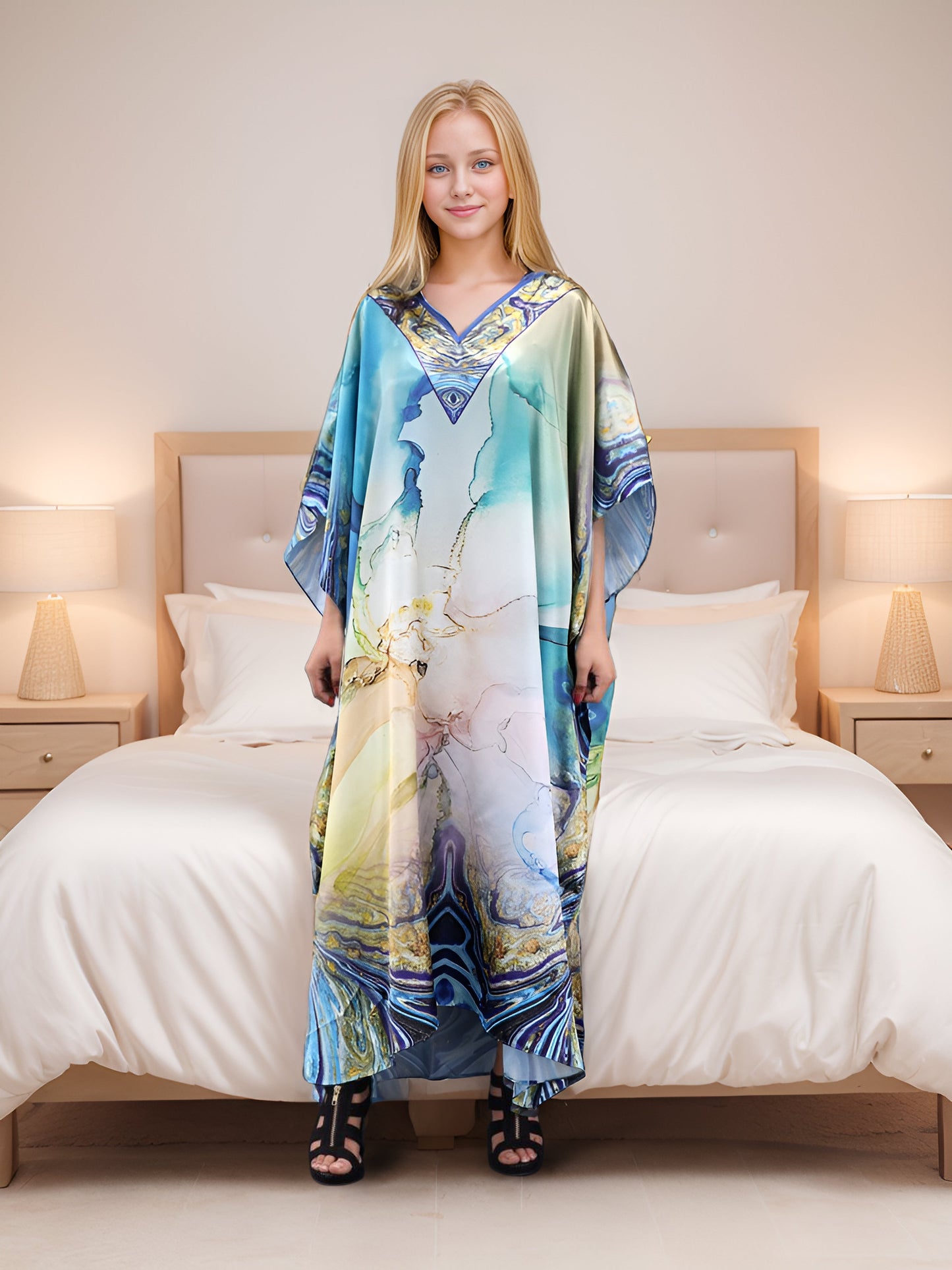 Vittorian bliss Elegance Caftan is very forgiving and loose fitting for maximum comfort and best wear. To choose your favourite colour from vittorian bliss caftan range so might find yourself buying one in each colour option.