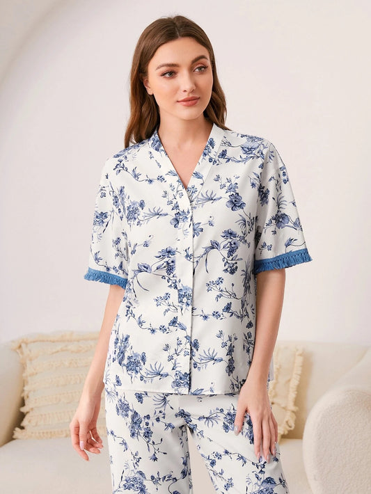 g&G Fashion Finds Silky Satin Floral Print half Sleeves Satin PJ Set