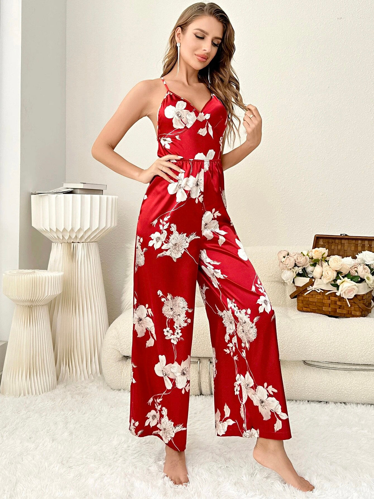 g&g Aura Silky Satin Women's Floral Printed Camisole & Pant Night dress SBA-TNP-BGF-200