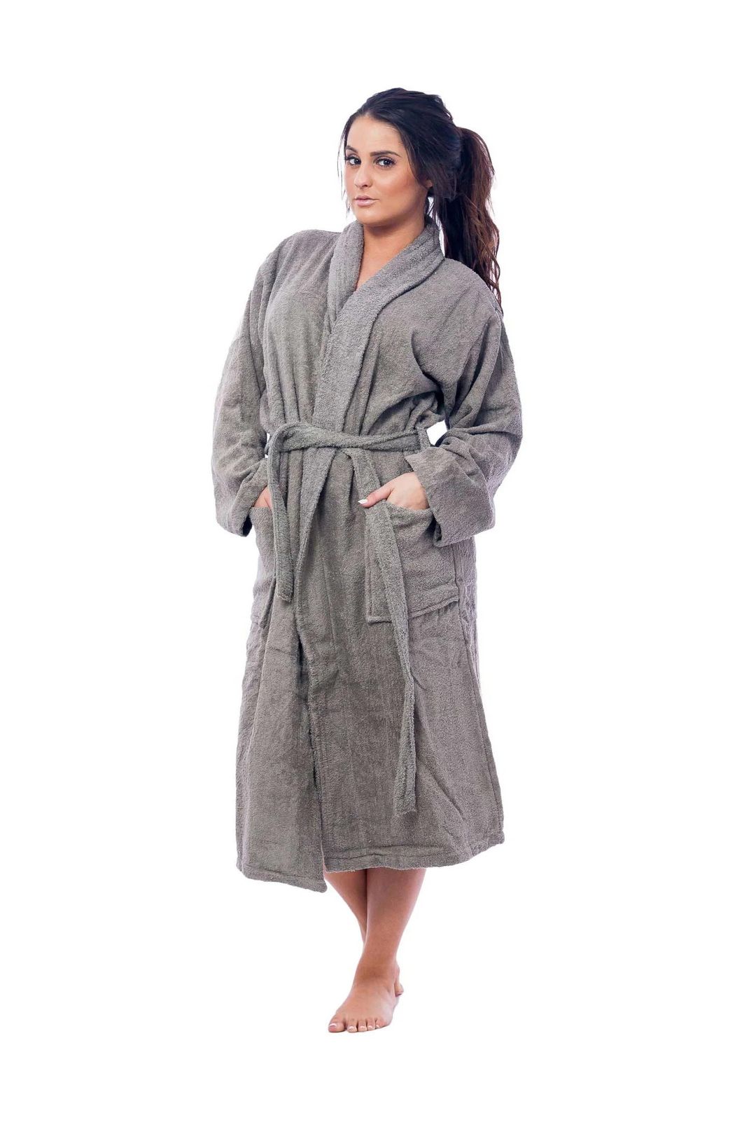 Women Grey long Bathrobe, terry, classic style